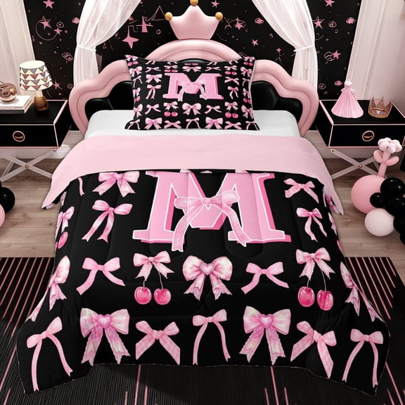 Erosebridal Kids M Letter Twin Comforter Sets, Black Pink Bowknot Cherry Bedding Set, 2 Pieces