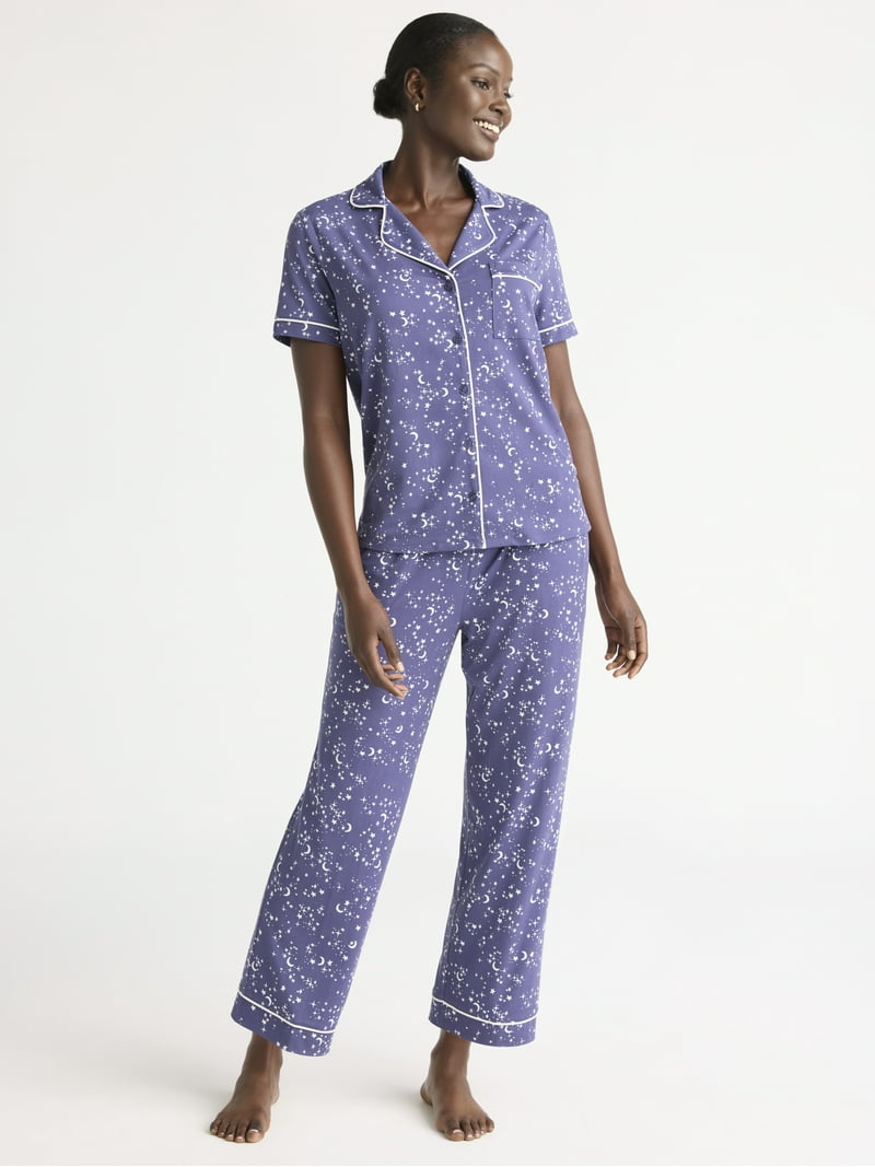 Joyspun Women's Knit Notch Collar Short Sleeve Top Capri Pajama
