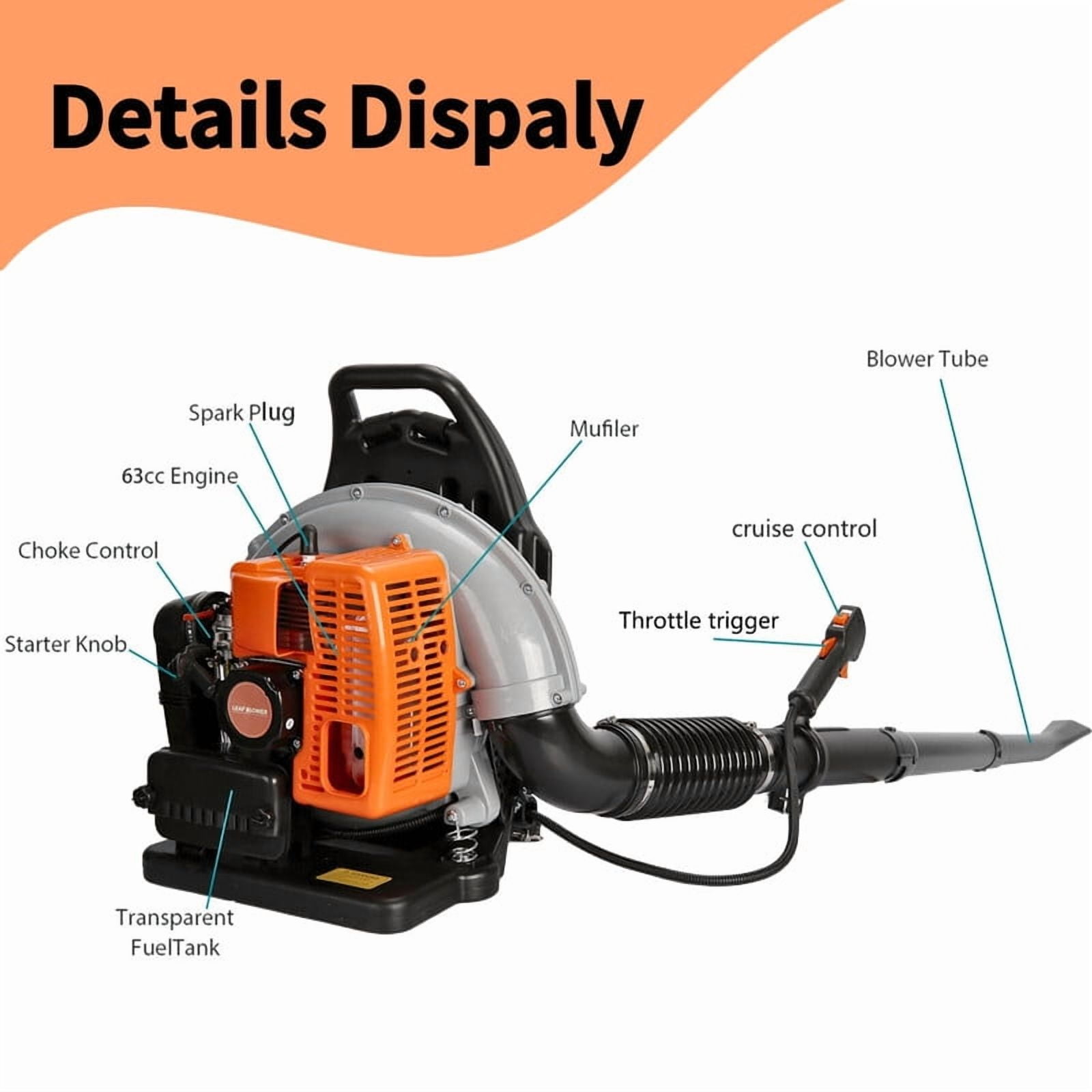 665CFM Leaf Blower, Gas Blower, Gas Leaf Blower for Lawn Care, Backpack Blower, 1 Set Leaf Blower 2 Stroke Engine Multi-Purpose 63CC High Strength Snow Blower for Outdoor