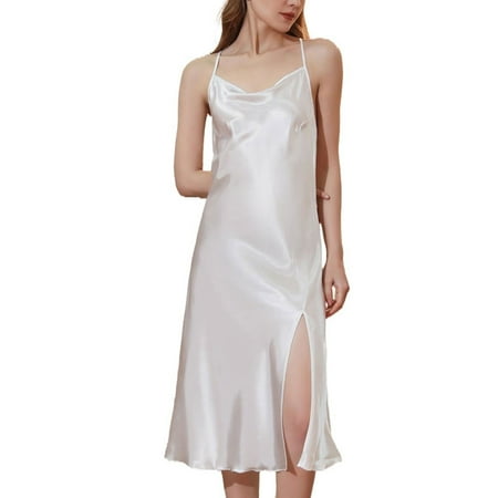 Women s Silk Nightgown Short Midi Satin Sleep Dress Side Slit Spaghetti Strap Chemises Criss Cross Back Backless Sleepwear Sleeveless Nightie Sexy Lingerie White Medium