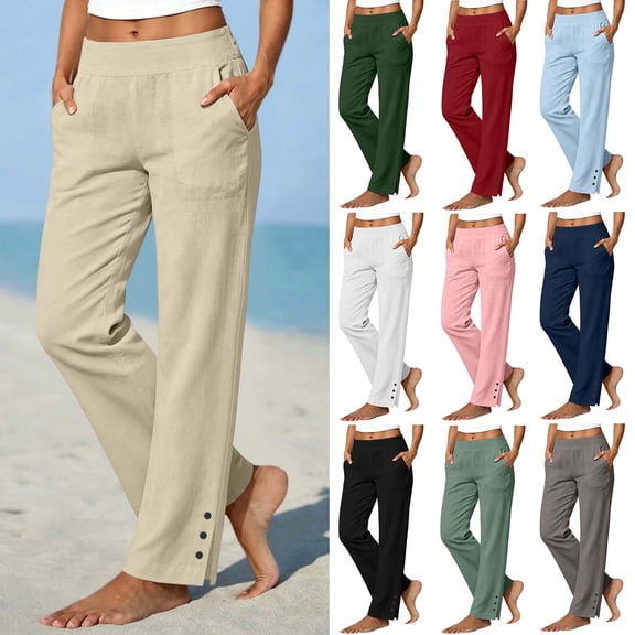 Kojanyu Women's Cotton Linen Loose Wide Leg Athletic Pants Casual Elastic Waisted Beach Work Office Pants with Side Button Detail
