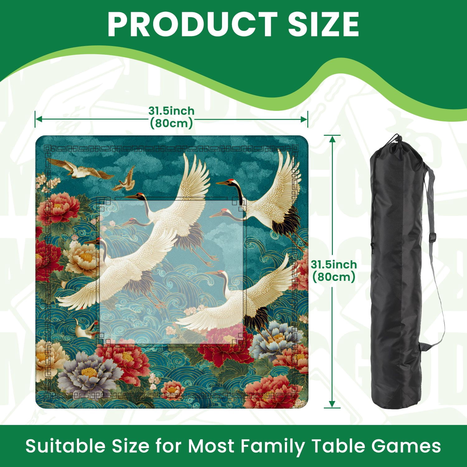 Mahjong Mat 31.5" x 31.5" Japanese seamless crane birds elements Asian Non-Slip Noise Reduction American Mahjong Tiles Table Cover for Dominoes Poker Card Board Games Gift