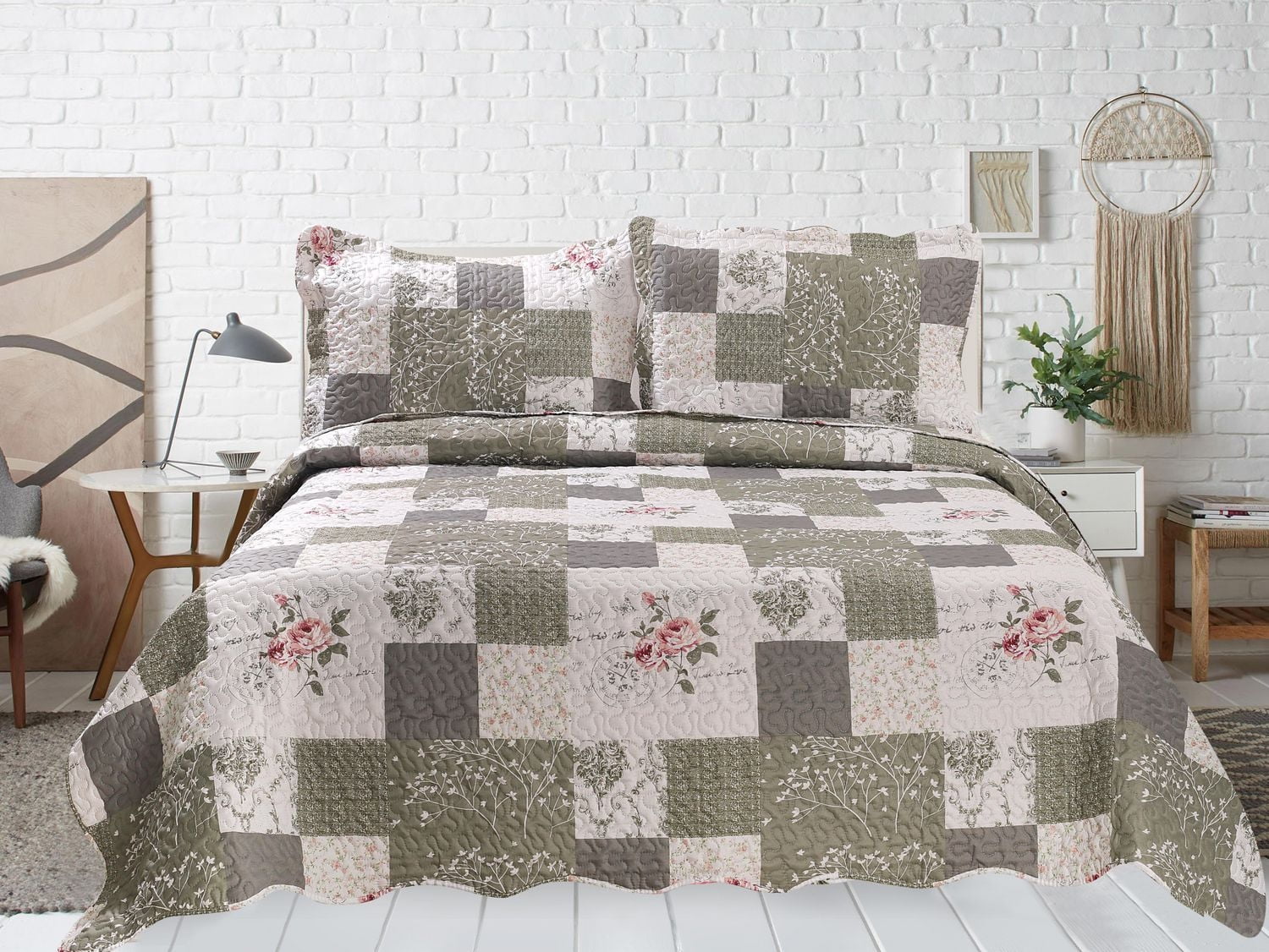 Marina Decoration Rich Printed Embossed Pinsonic Coverlet Bedspread Ultra Soft Bedding Summer Quilt Set with Shams, Rose Floral and Branch Plaid Pattern