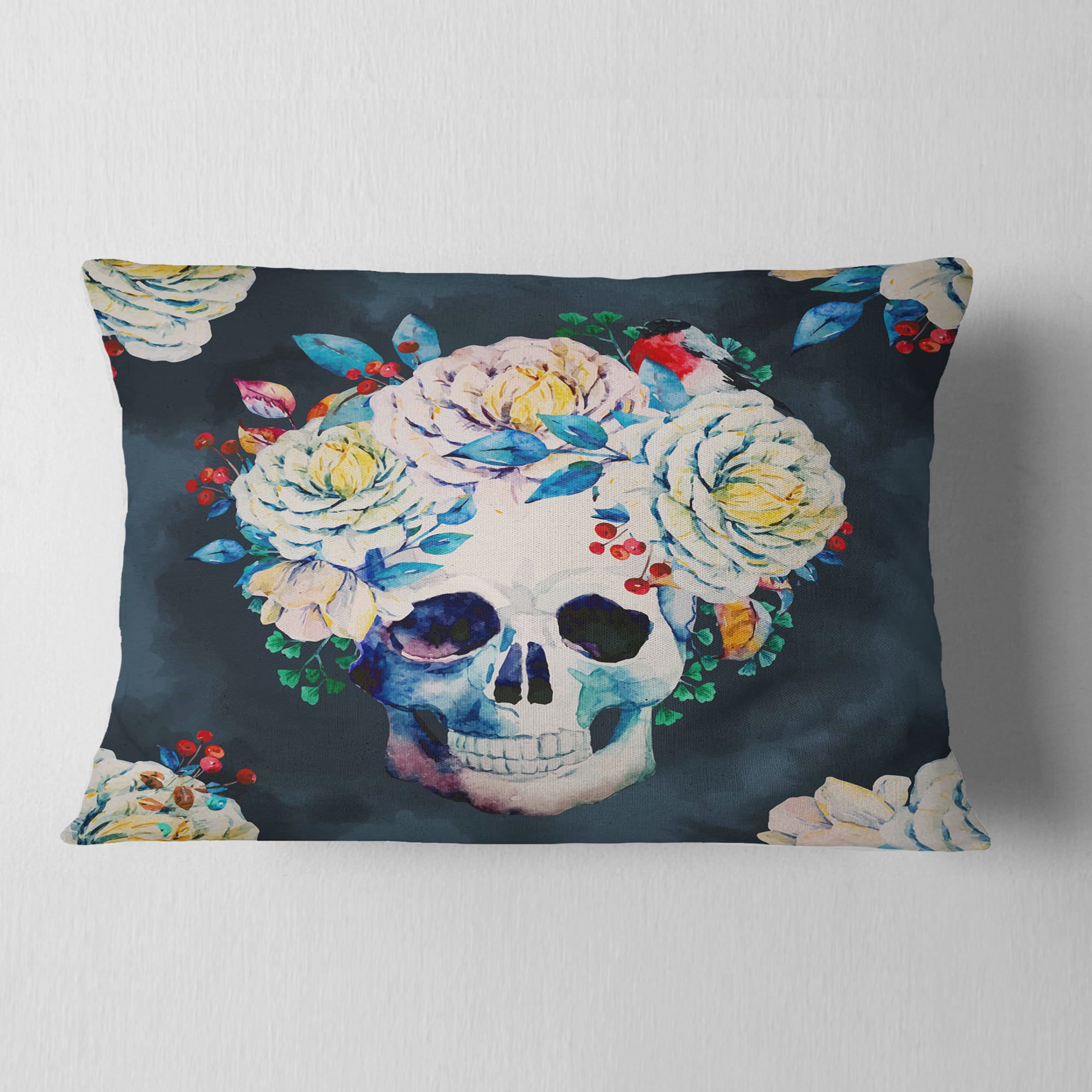 Designart Watercolor Vector Skull - Floral Throw Pillow - 12x20