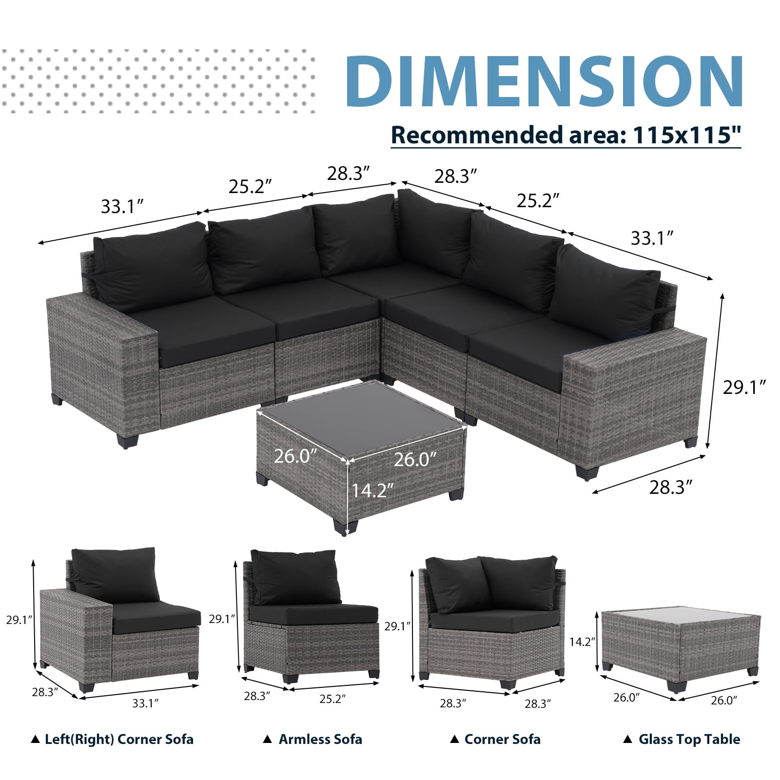 JOIVI 6 Pieces Patio Furniture Set with Coffee Table, Outdoor Wicker Rattan Sectional Sofa Conversation Set with Wide Armrest for Deck, Porch, Yard, Black