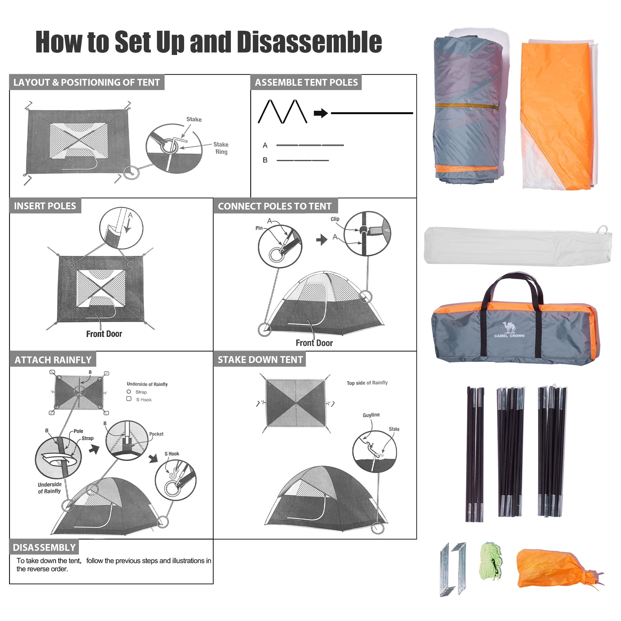 Camel Crown 3-4 Person Dome Tent Waterproof Camping Tents Outdoor Travel Backpacking Tent,Orange Gray