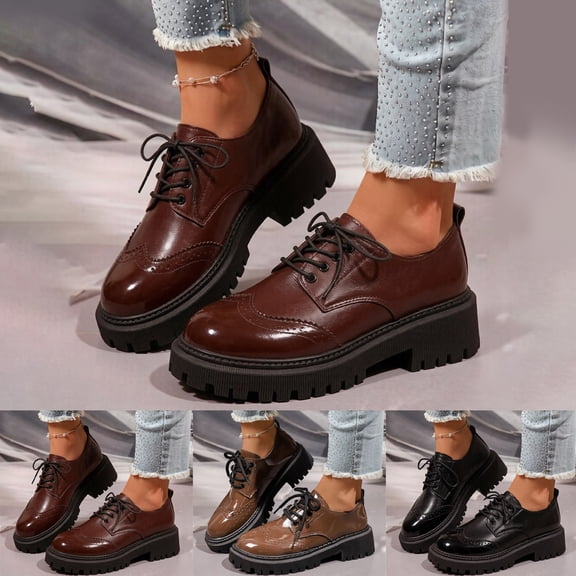 Ladies Wingtip Brogue Chunky Platform Oxford Shoes Comfortable Lace Up Leather Non Slip Retro Dressy Shoes