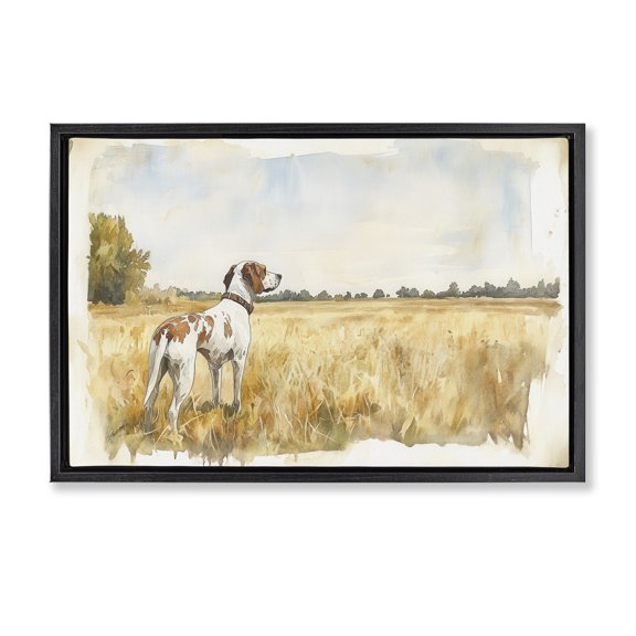 Stupell Industries French Country Bird Dog in Open Meadow Black Floating Frame Canvas Art, 25 x 17, by Petals Prints Design