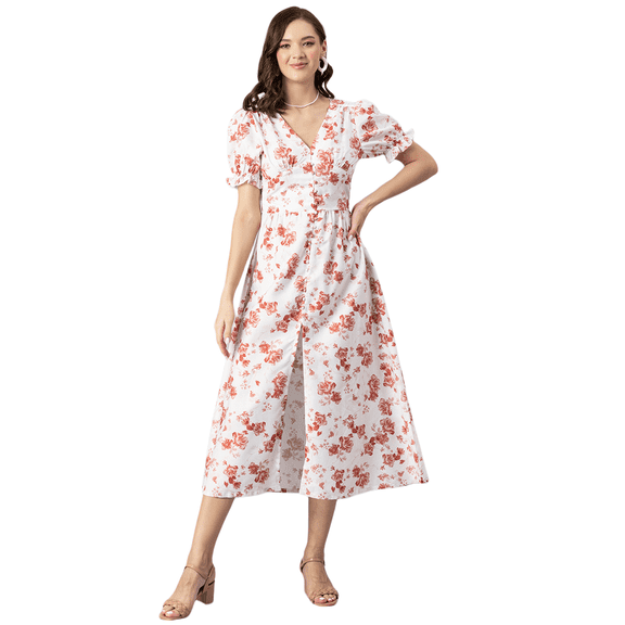 Moomaya Womens Printed Front Slit Dress, Puffed Sleeves, Styles Back Ties Midi Dress