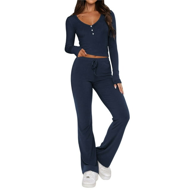 Conjunto Deportivo de Otoño de 2 Piezas A Juego para Estar en Casa: Pantalón de Pierna y Top Corto con Cuello Henley. Azul Marino M