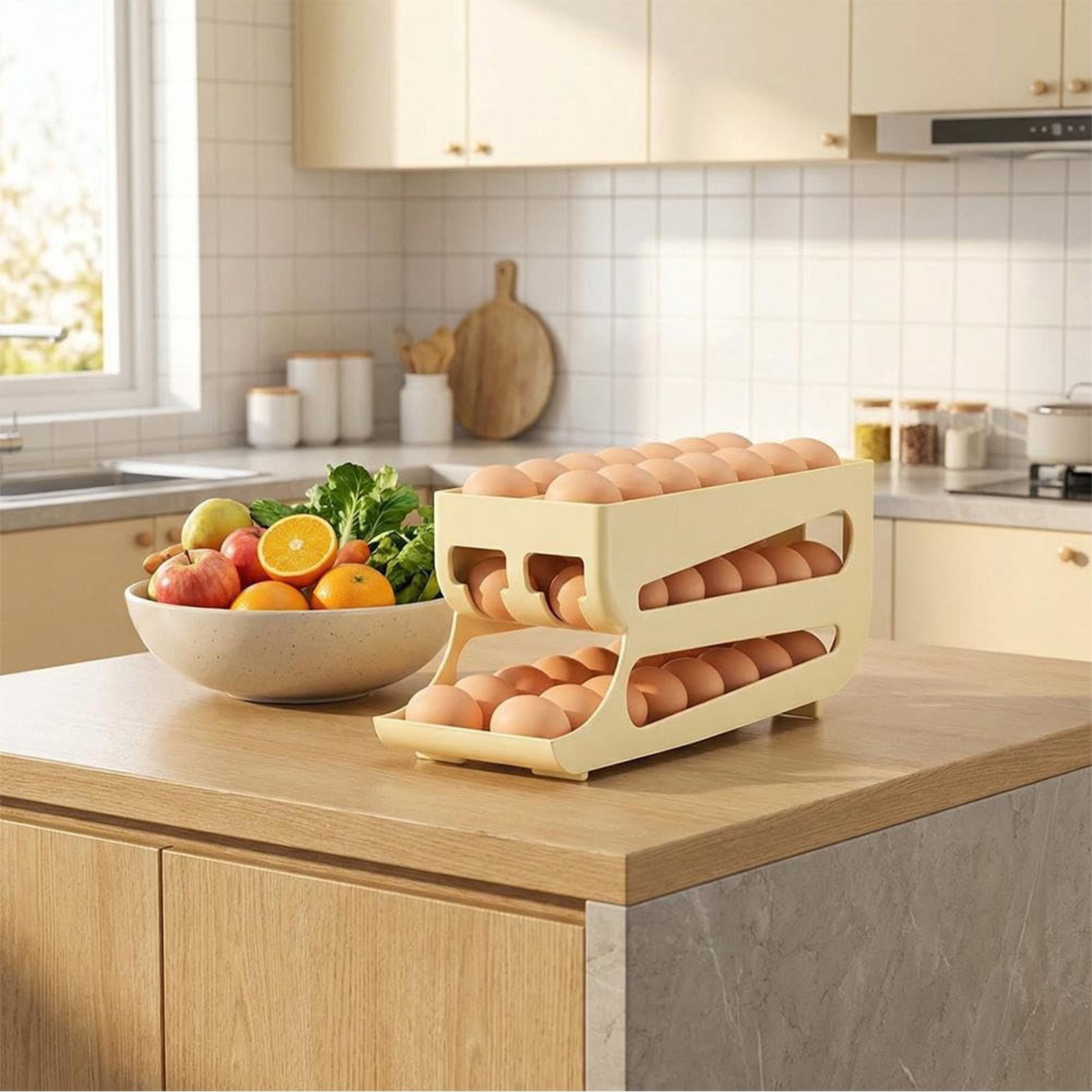 Automatic Rolling Egg Storage For Refrigerator, Space Saving Refrigerator Egg Holder,2 Tiers Fridge Egg Dispenser Holds Up To 60 Eggs For Fridge,Kitchen & Cabinets Table(14.17x5.35x5.35")(Grey)