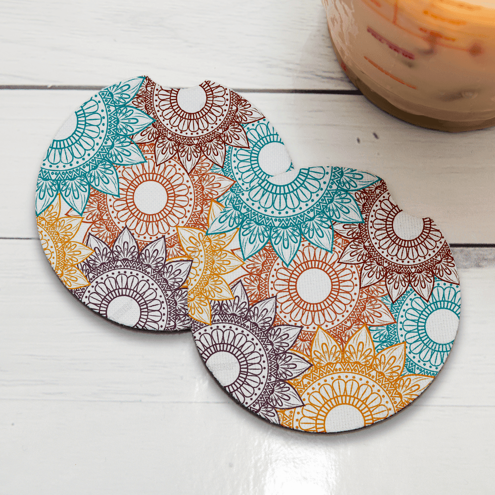 Car Coasters for Drinks Set of 2 Pack,Ethnic Rainbow Tie-dye Pattern Durable Absorbent Ceramics Car Accessories Easy Removal of Auto Cup Holders for Women Men 