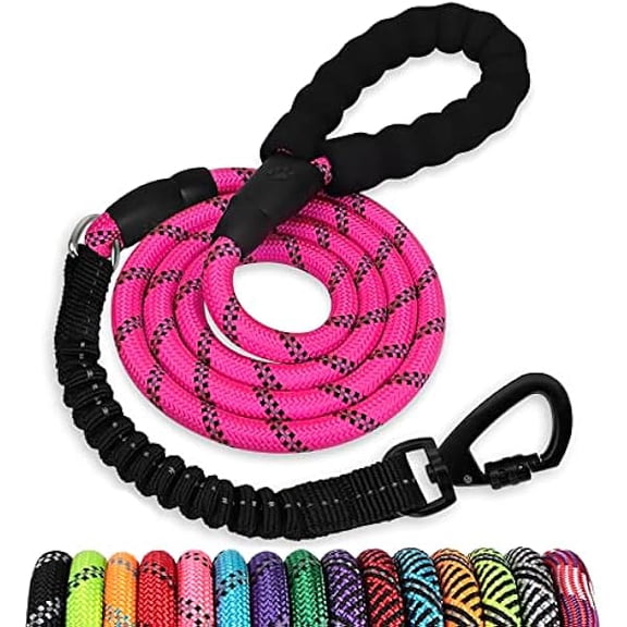 Eryueer Rope Dog Leash 5 FT: Heavy Duty Leashes with Swivel Lockable Hook Reflective Threads Bungee and Padded Handle - Dog Lead for Large Small Medium Dogs Outside Walking Hiking Pink