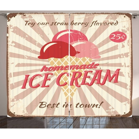 Ice Cream Curtains 2 Panels Set, Vintage Style Sign with Homemade Ice Cream Best in Town Quote Print, Window Drapes for Living Room Bedroom, 108W X 108L Inches, Red Coral Cream Tan, by (Best Lighting For Corals)