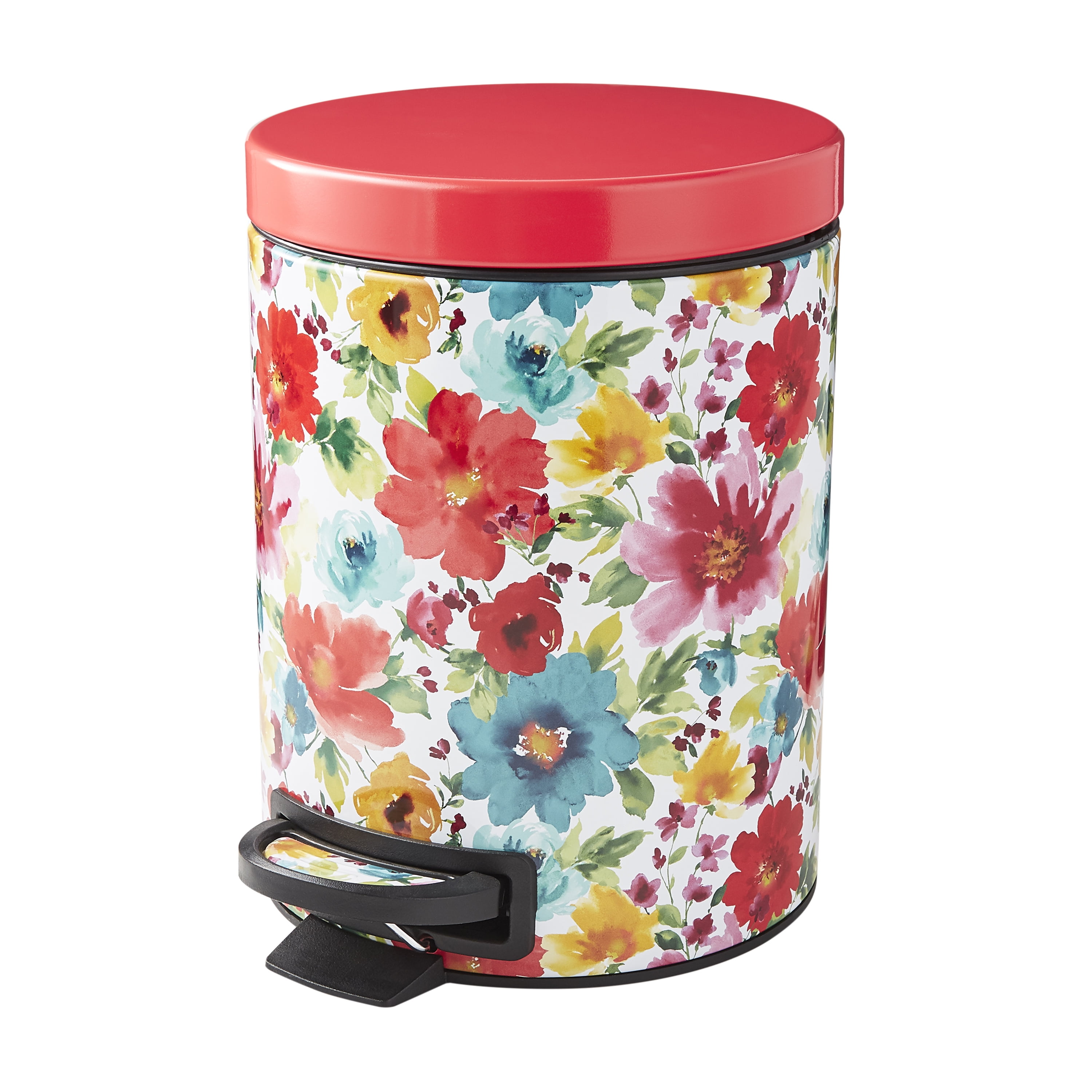 The Pioneer Woman Breezy Blossom Stainless Steel Round Bathroom Step Wastebasket, 1.3 Gallon