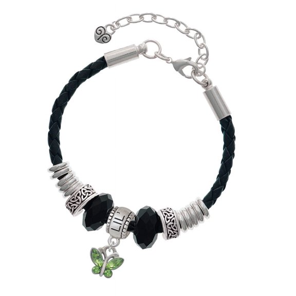 Delight Jewelry Silvertone Mini Butterfly with Green Wings & Crystals Lil Sister Celtic Knot Leather Bead Bracelet, 7" 2" Extender