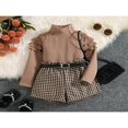 thumbnail image 3 of Toddler Girl Autumn Clothes Set  Ruffled Long Sleeve High Neck Ribbed Pullover + Houndstooth Print Shorts + Belt, 3 of 9