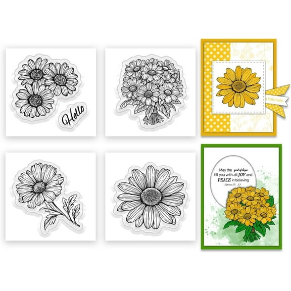 4pcs Daisy Flower Clear Stamps Mini Flower Rubber Stamps Card Making 2.16×2.16 inch Floral Clear Stamps Floral Silicone Transparent Stamps Decoration and DIY Scrapbooking