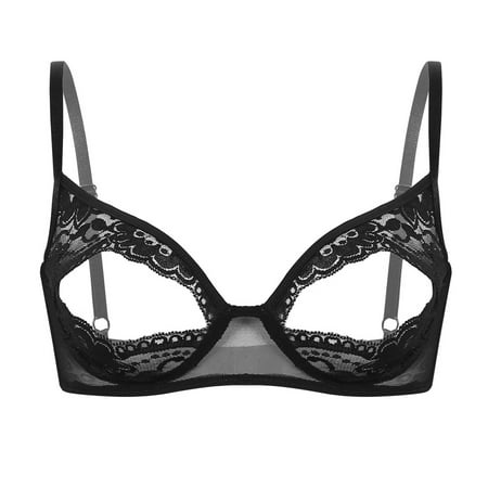 Raenseen Womens Floral Lace Crotchless Shelf Bra See Through Wire-Free Brassiere Sheer Bralette Black 5XL