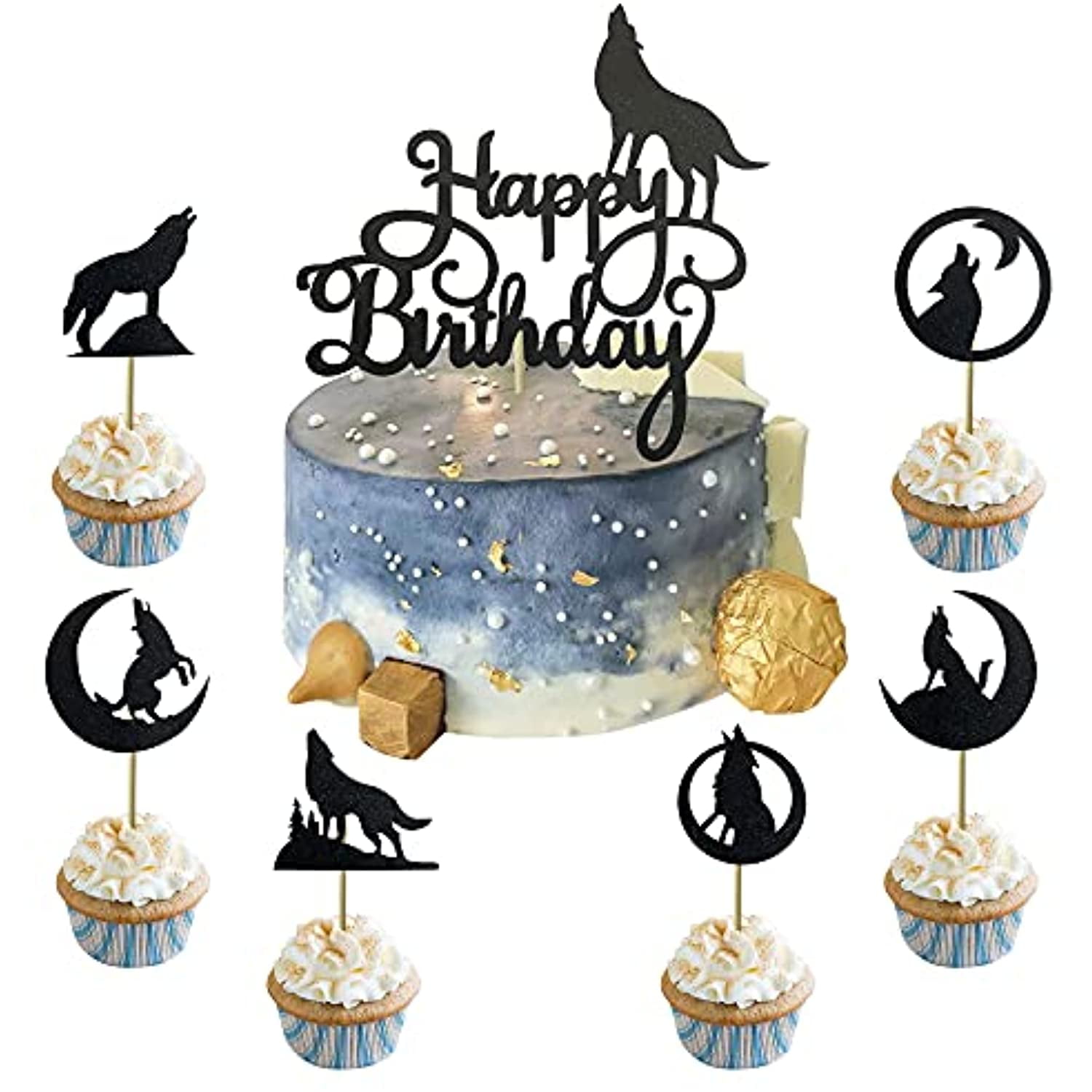 25 Pieces Black Wolf Silhouette Glitter Cupcake Topper Wolf Cake Topper