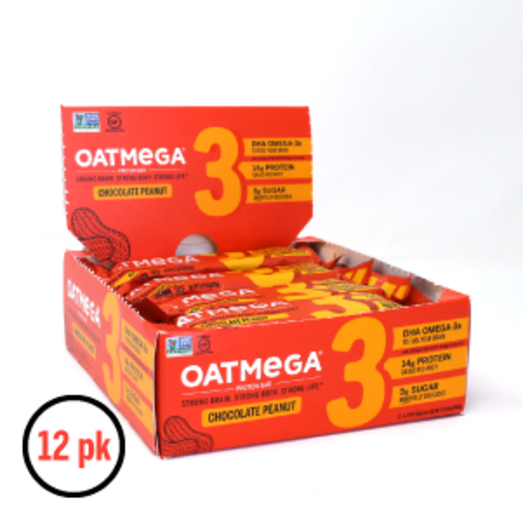 OATMEGA Protein Bar Chocolate Peanut, Omega3, Gluten Free, 12 Ct