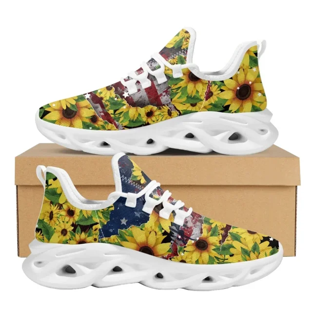 Zapatillas de deporte de malla con cordones para mujer, diseño de bandera estadounidense, plataforma transpirable con amortiguación de aire, tenis con estampado de girasol, verano