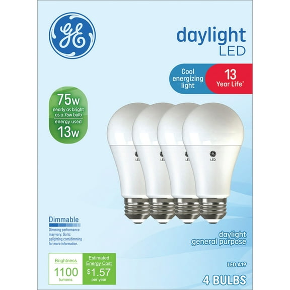 GE LED Light Bulbs, 75 Watt, Daylight, A19 Bulbs, Medium Base, Frosted Finish, 13yr, 4pk