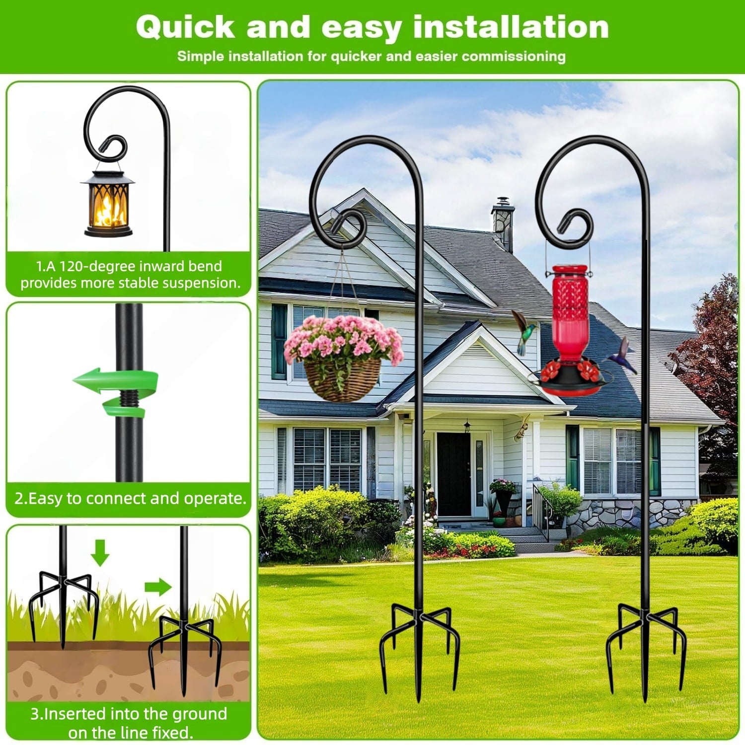 2 Pack 48 Inch Shepherds Hooks for Outdoor, Heavy Duty Bird Feeder Pole with 5 Prong Base, Adjustable Shepherds Hook for Hummingbird Feeder, Lanterns, Plants, Wedding Decor