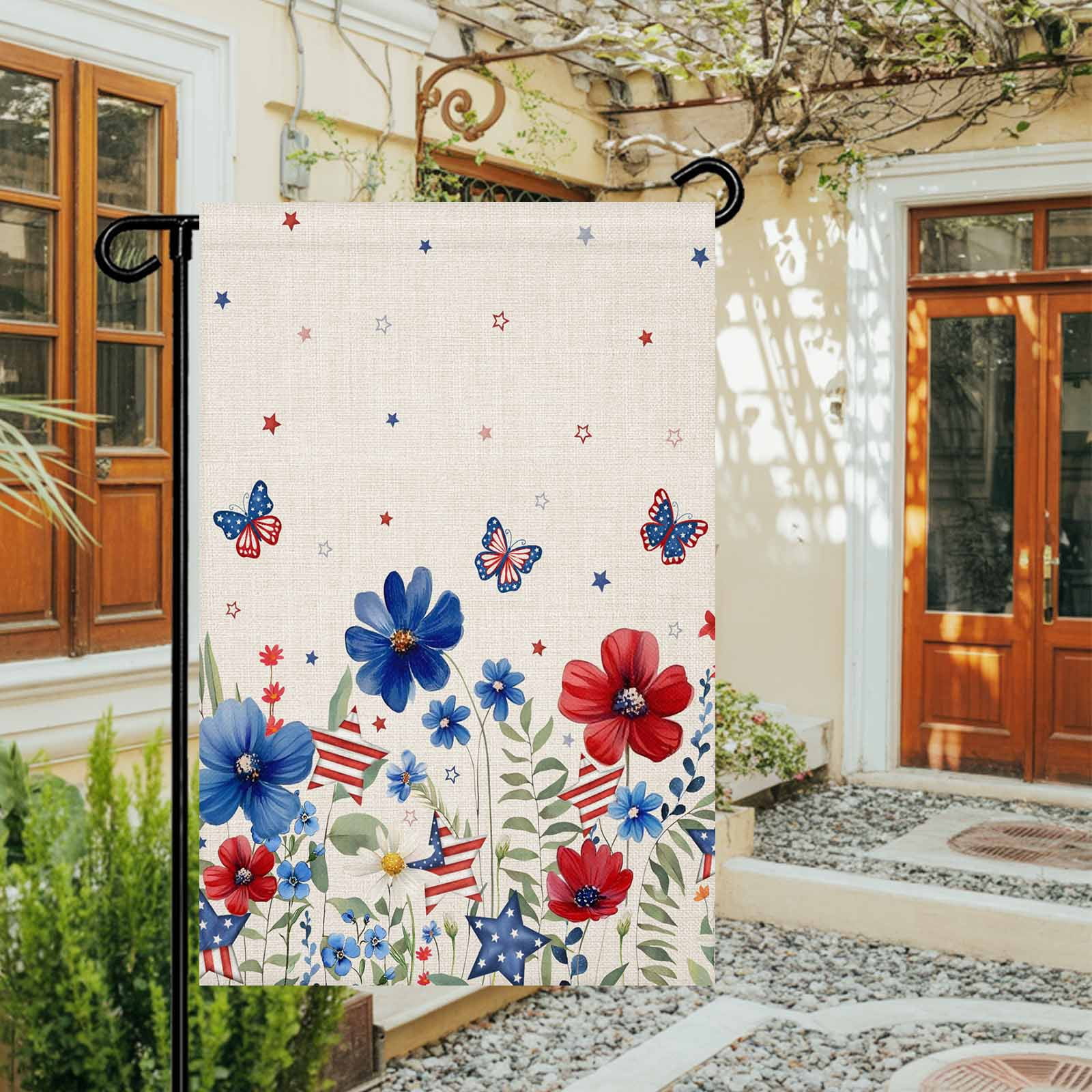 4th of July Garden Flags American Flag Butterfly Garden Flag Double Sided Welcome Flag Red Blue Flowers Linen Independence Day Yard Flags for Outdoor Lawn Porch Memorial Day Holiday Decor 28x40 Inch