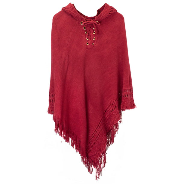 StylesILove - StylesILove Women Fringed Lace Up Hooded Poncho Pullover ...