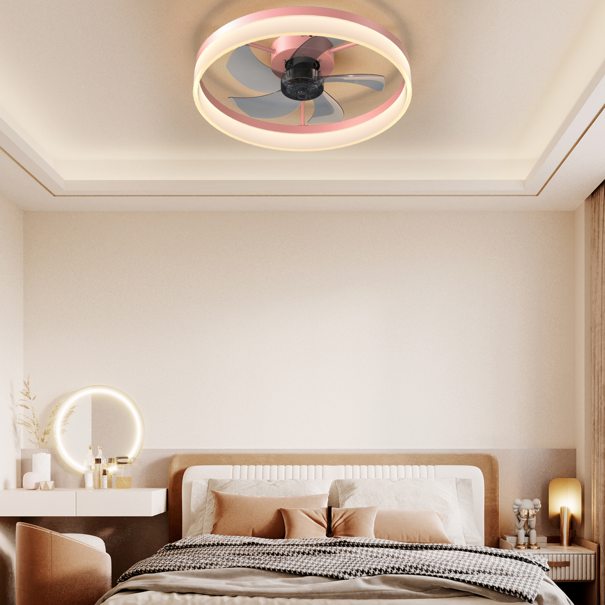 Leumius Ceiling Fans with Lights Dimmable LED Embedded Installation of Thin Modern Ceiling Fans or Bedroom, Kids Room, Study Room Pink