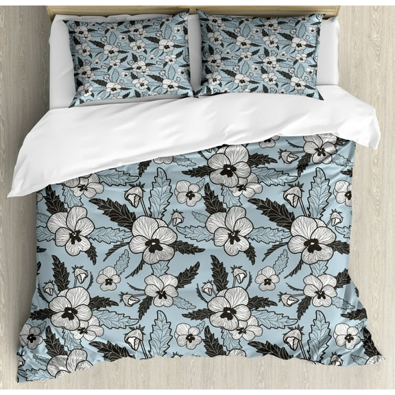 Pansy Duvet Cover Set Queen Size, Retro Detailed Computer Graphics Floral Leaves Spring Resembling Concept, Decorative 3 Piece Bedding Set with 2 Pillow Shams, Blue Grey Pale Taupe, by Ambesonne