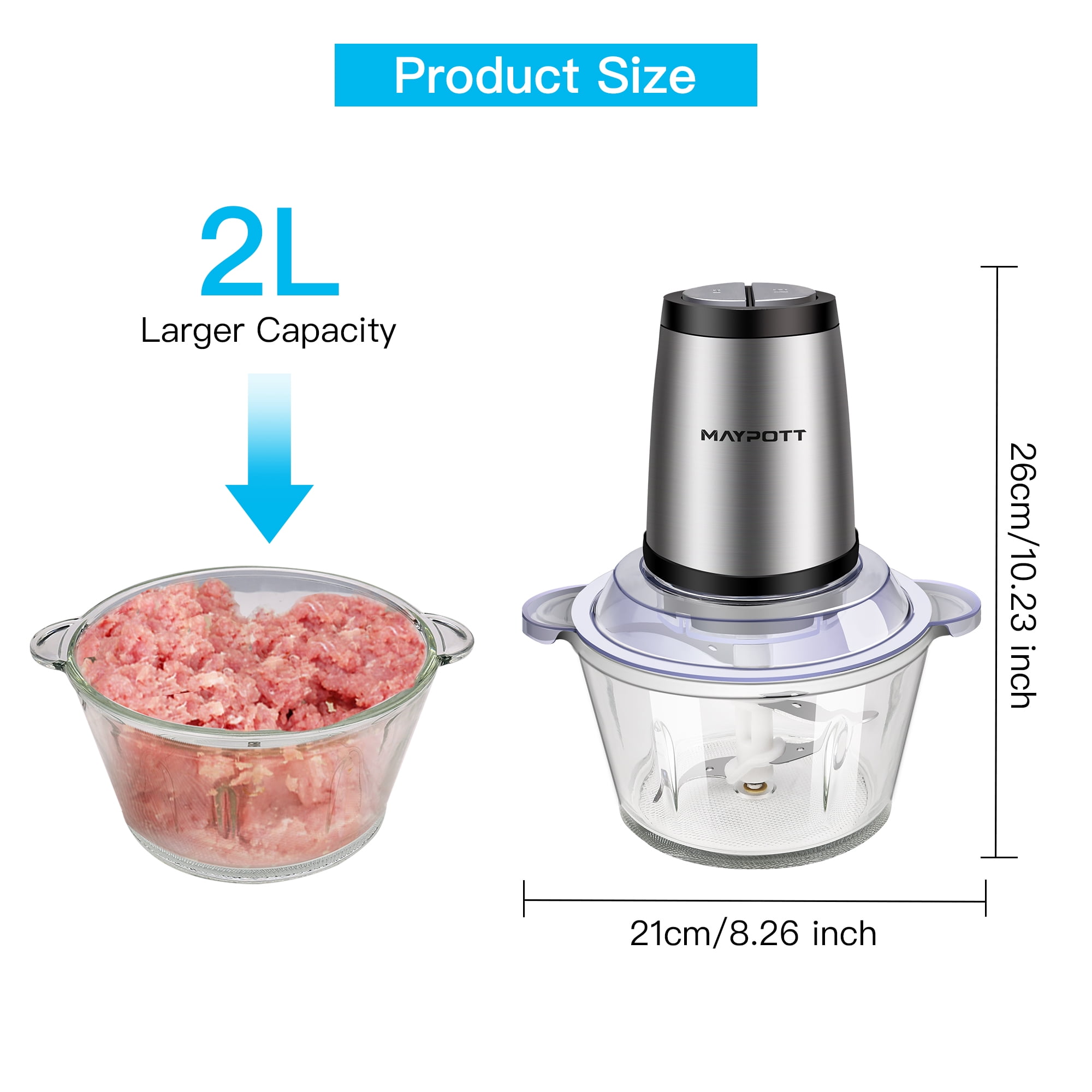 Electric Food Chopper Meat Processor, 2 Speed 500W 8 Cups Food Grinder w/  2L BPA-Free Glass Bowl & 4 Sharp Blades for Meat, Vegetables, Fruits and  Nuts 
