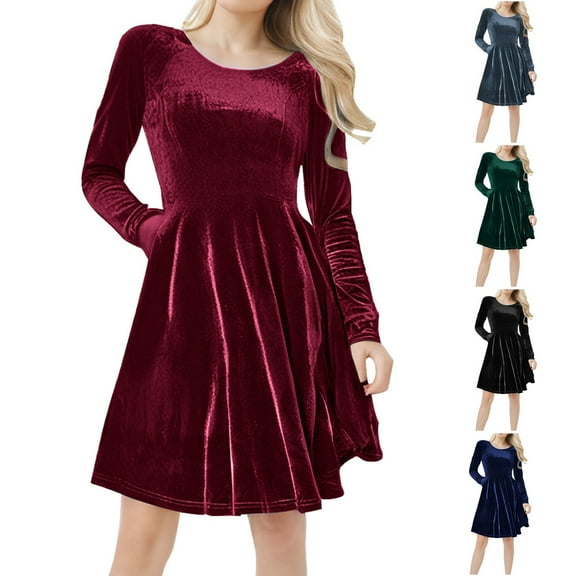 QLEICOM Fall Dresses,Dresses for Women,Women's Velvet Long Sleeve Dress with Flowy A-Line Skirt and Classic Round Neck Casual Maxi Dress Fashion for Holiday Events and Evening Parties
