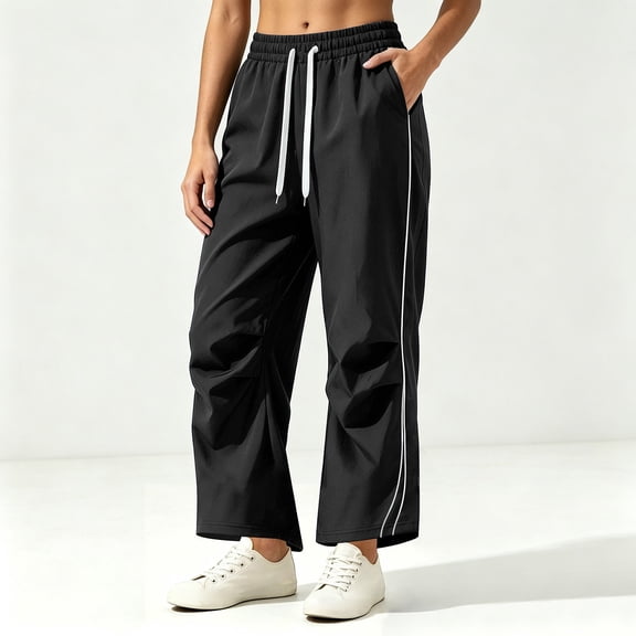 JOANKDMI Track Pants for Women with Side Stripe High Waisted Drawstring Loose Fit Casual Workout Running Trousers