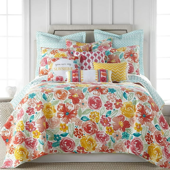 homThreads - Leora Quilt Set - Full/Queen Quilt (88x92in.)   Two Standard Pillow Shams (26x20in.) - Bright Floral - Teal, Green, Yellow, Coral, Pink - Reversible - Cotton Front/Poly Reverse