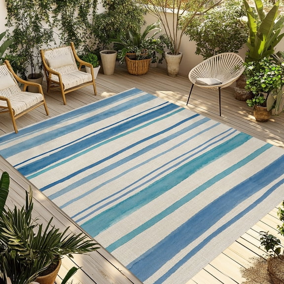 Minimalist Blue Stripes Outdoor Area Rug 3x5ft Decorative Indoor Outdoor Rug Summer Ocean Texture Linen Patio Area Rug for Porch, Deck, Balcony, Entryway, Camping & RV