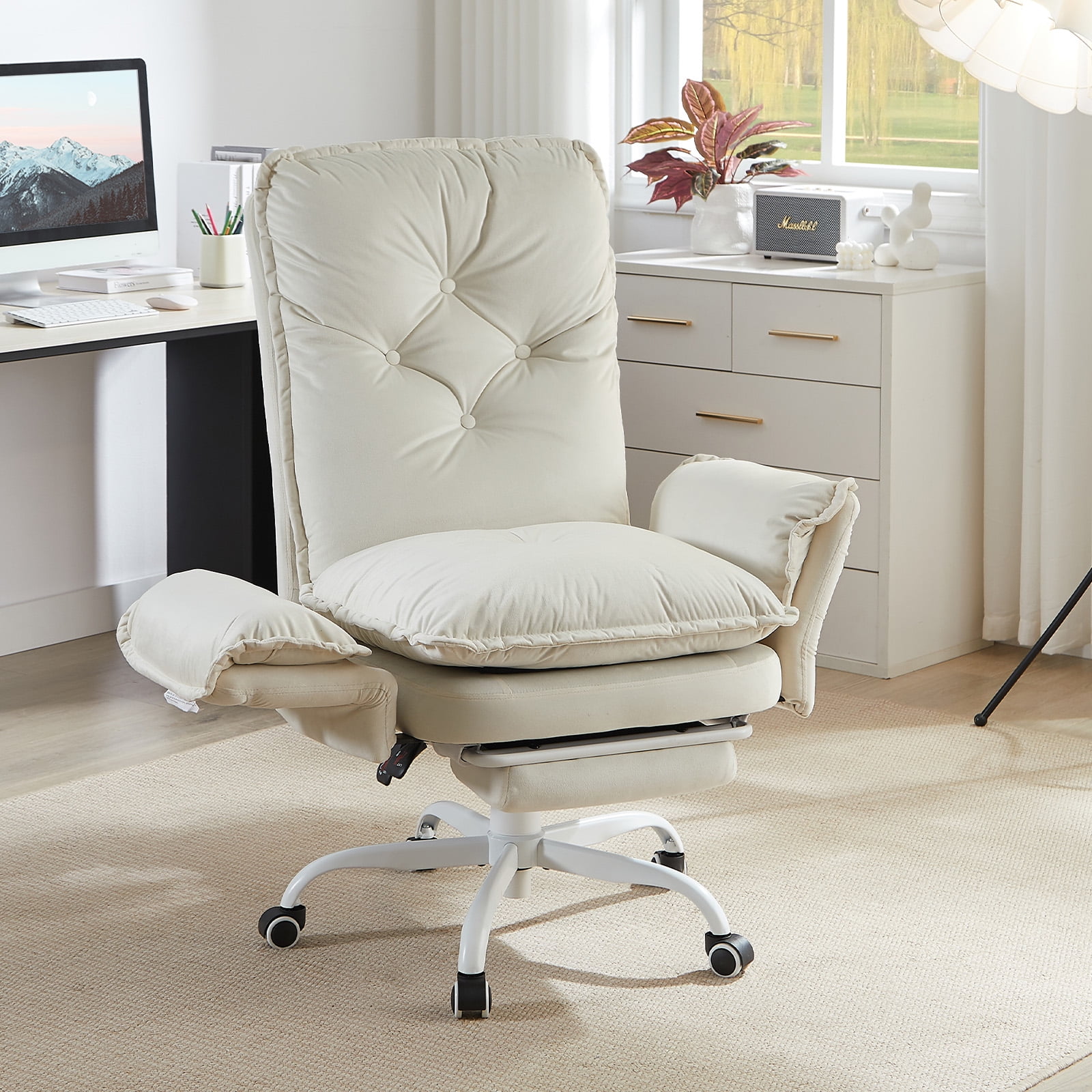 Bestier Big and Tall Executive Office Chair with Flip-up Arms for Adult, Wide Seat Ergonomic Computer Desk Chair,High Back Velvet Comfy Cross-Legged Office Chair with Footrest and Side Pockets, Beige