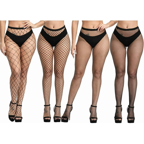 Plus Size Fishnet Stockings, Black Fishnets Tights Thigh High Stockings  Suspender Pantyhose 4 Pack 