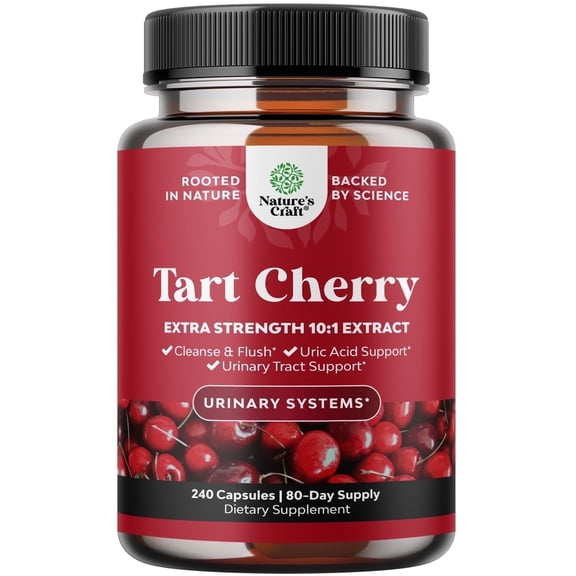 Natures Craft Extra Strength Tart Cherry Extract 7500mg per Serving Capsules - Uric Acid Cleanse - Gout Kidneys Urinary Tract Health & Joint Support - 240ct
