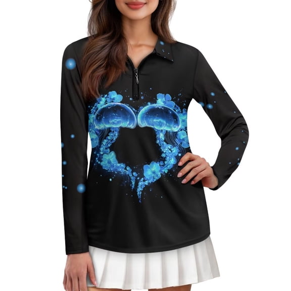 Psesaysky Jellyfish Heart Women's Long Sleeve Golf Sun Shirts Polo Shirt UPF 50 Quick Dry Moisture Wicking Athletic Golf Polos for Yoga Tennis Hiking Camping or Casual Work ,M