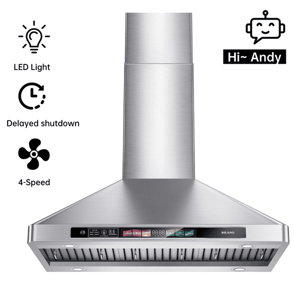 BRANO 30 Inch Wall Mount Range Hood Stainless Steel Hood, 900 CFM, Voice Control, 4-Speed