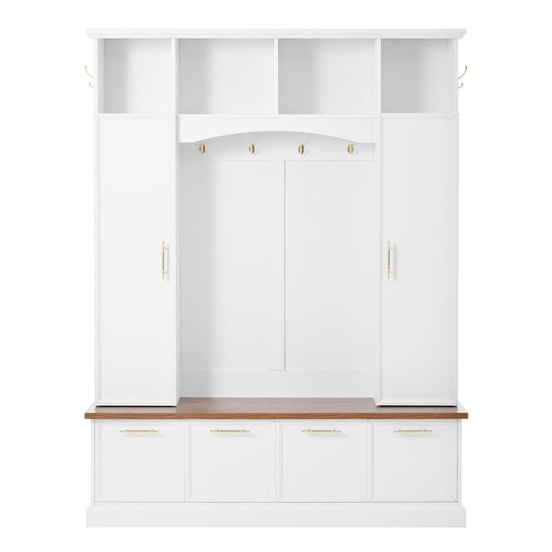 Farmhouse 4-in-1 Hall Tree with Golden Hooks & Handles, Entryway Shoe Bench with Adjustable Shelves, Farmhouse Coat & Shoe Rack for Mudroom