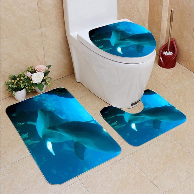ABPHQTO Delfín 3 Juego de alfombras de baño de 3 piezas Alfombra de baño Alfombra de contorno y tapa de inodoro