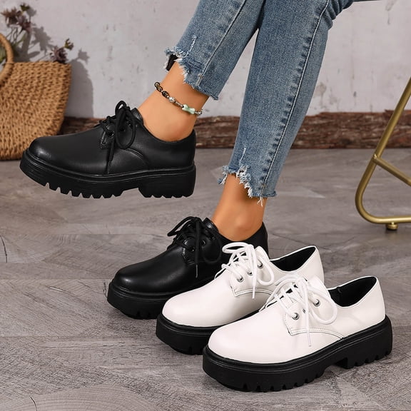 Women's Wide Width Platform Oxford Shoes, British Style Round Toe Lace-Up Chunky Sole Loafers, Comfortable Casual Dress Shoes for Spring & Fall, Black/White