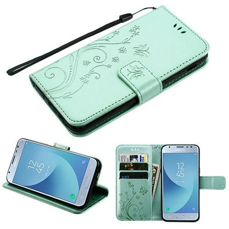 Pattern Flip Wallet Case Cover Stand Magnetic Buckle Hand Strap Purple 3D Butterfly Flower TEAL GREEN Phone Case For Samsung Galaxy J3 2018, J337, J3 V 3rd Gen, J3 Star, J3 Achieve, Express Prime