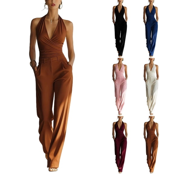 Miluxas Women's Halter 2 Piece Set Sleeveless Ruched Crop Top & High Waist Wide Leg Pants Outfit for Business Casual White