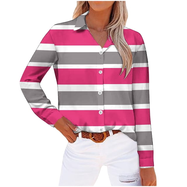 cfhntfmh Womens Color Block Shirts Soft Collared Long Sleeve Loose Buttons down Blouses Casual Fall Tunic Tops