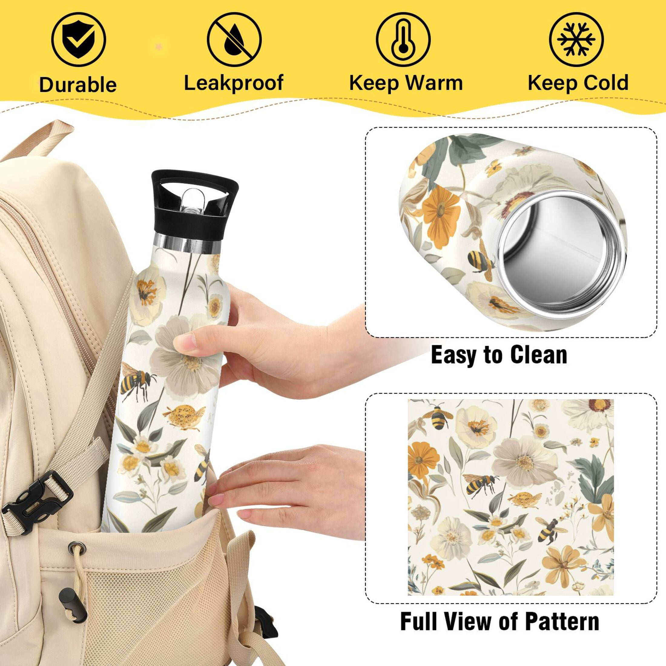 Kids Insulated Stainless Steel Sports Water Bottle 600ml (20oz) Various Flowers and Bees