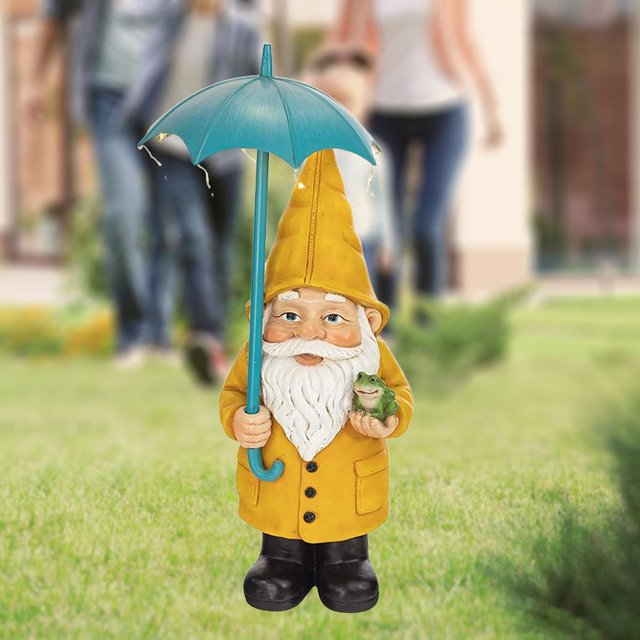 Estatuilla de jardín de resina-Gnomo de Navidad con impermeable amarillo con luces LED solares, decoración festiva al aire libre para Patio césped Soledad estatua de gnomo